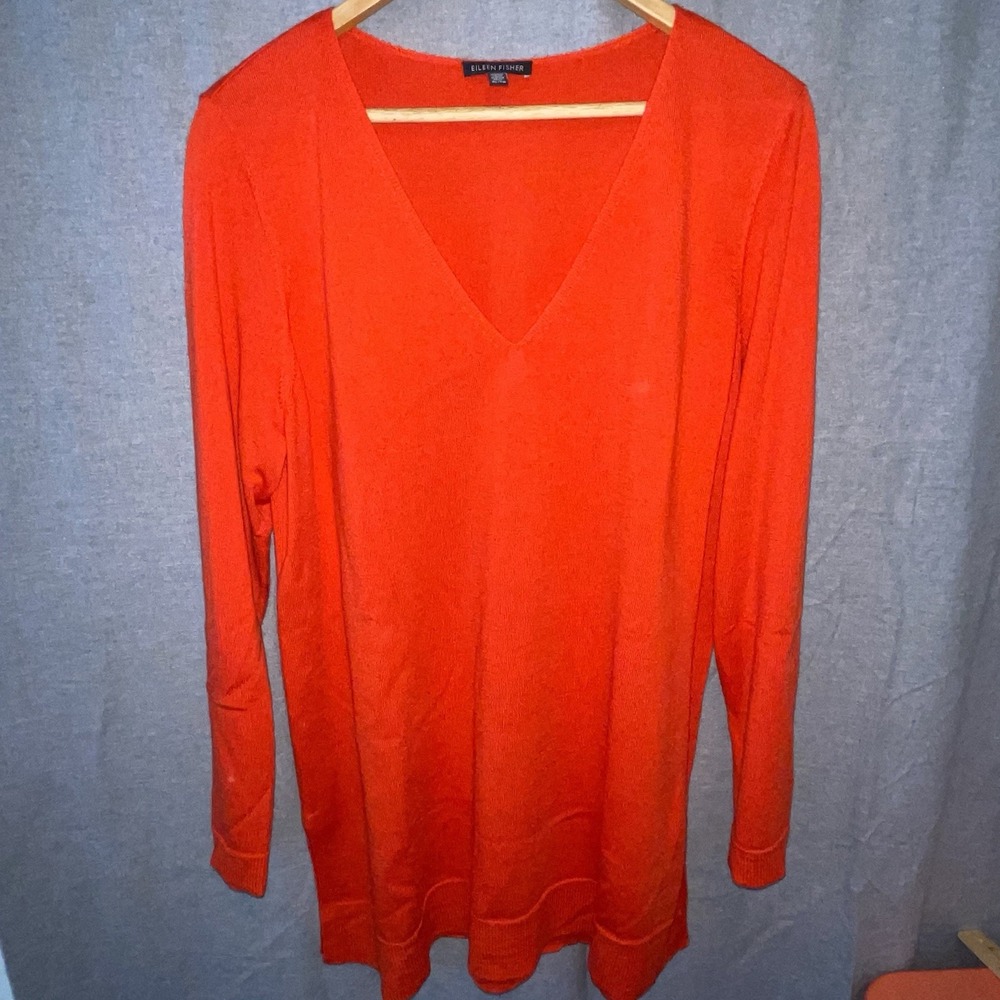 Eileen Fisher Gray 100% Merino Wool V-Neck Red Tunic Sweater | Size XL